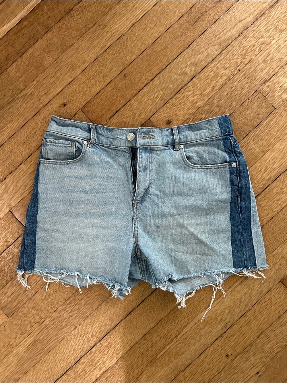 LOFT Two-Tone Light and Dark Blue Denim Frayed Shorts
